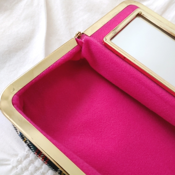 Vintage beige plaid fabric makeup clutch bag with mirror - Picture 8 of 9